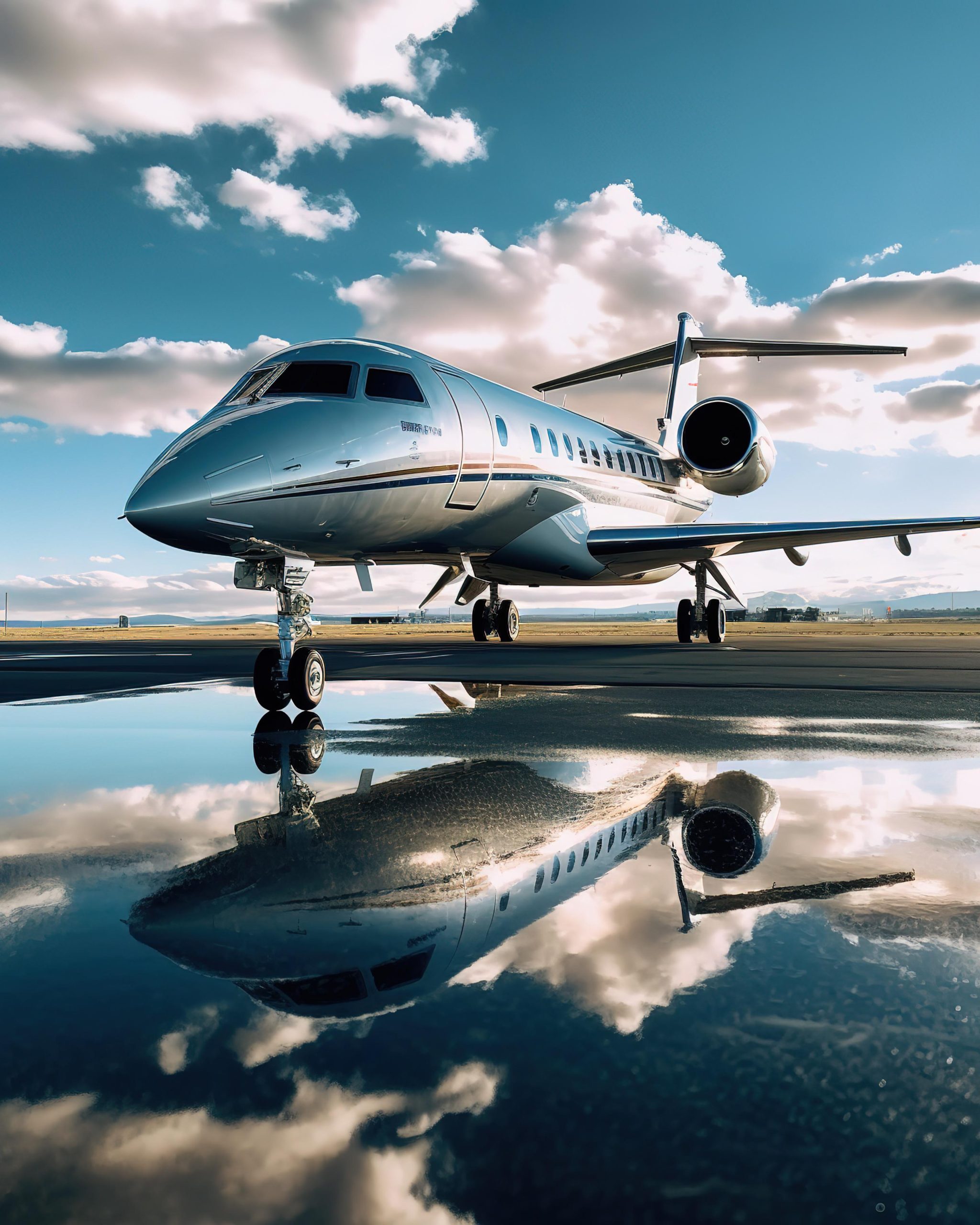 silver-blue-jet-is-runway-with-clouds-sky